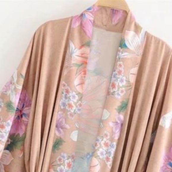 SOLD OUT Gypsy Bohemian Tan Floral Peacock Open Kimono Robe - Picture 8 of 12